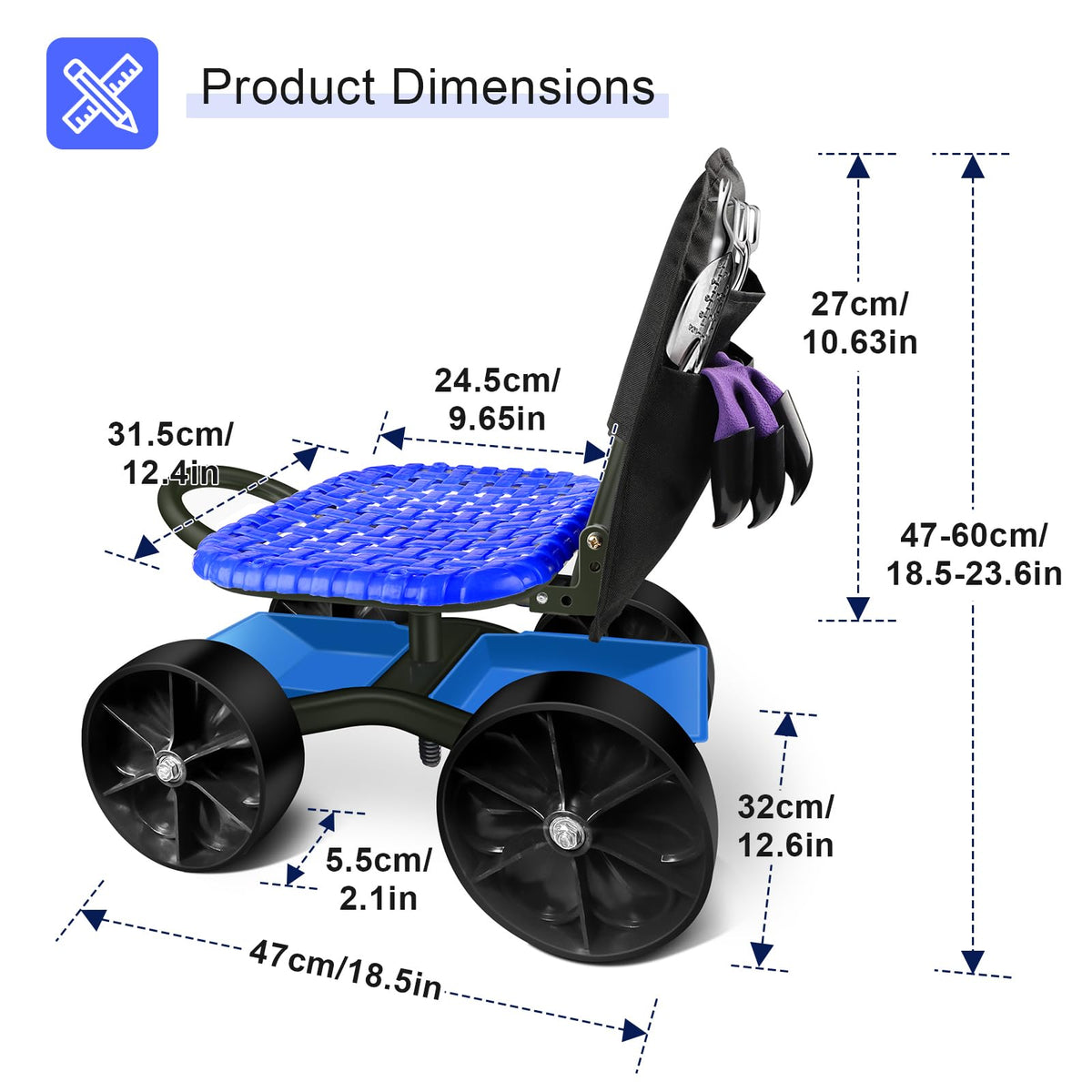 Blue Rolling Garden Cart with Four Wheels and Tool Bag P492