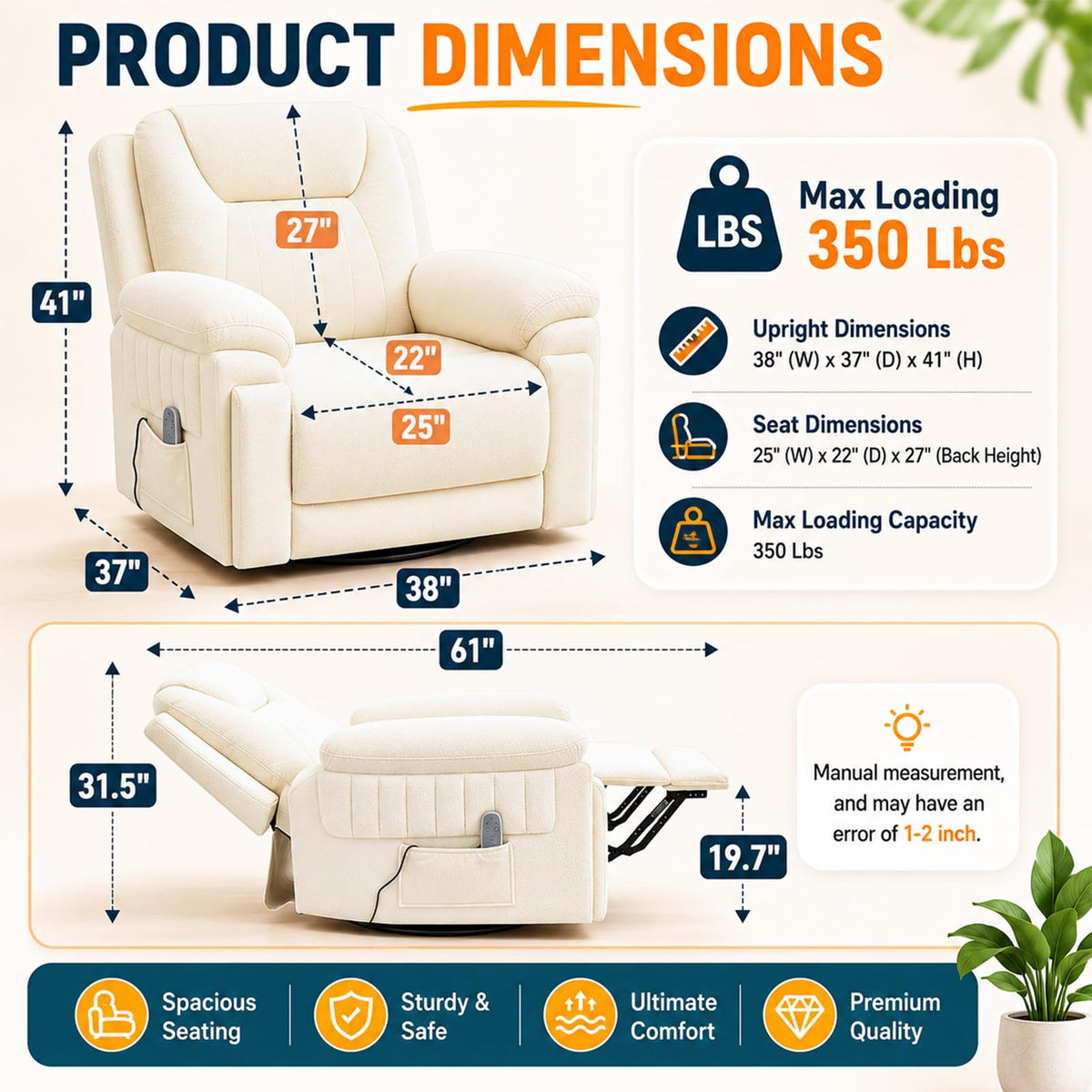 Cream White Electric Automatic Rocking Recliner Chair E9288