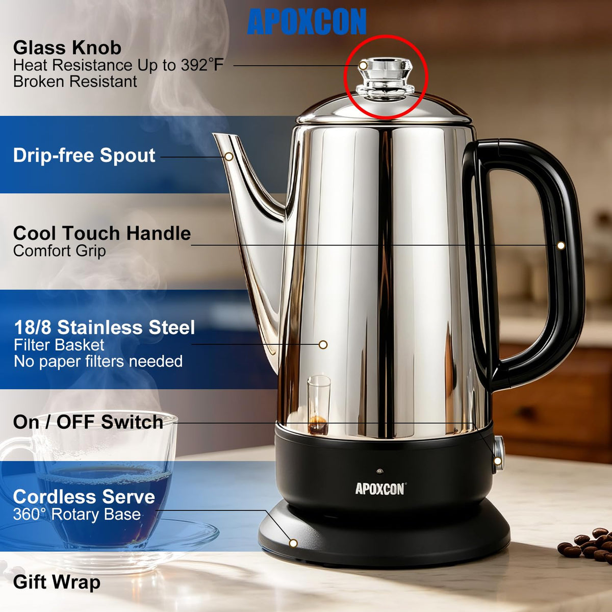 Electric Stainless Steel Coffee Percolator 1200ml 8 Cup W4289