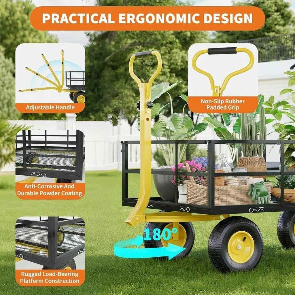 Heavy Duty Steel Garden Cart, 1200 LBS Load Capacity Wagon with 10 inch Tire and Rotating Handle, Black R105