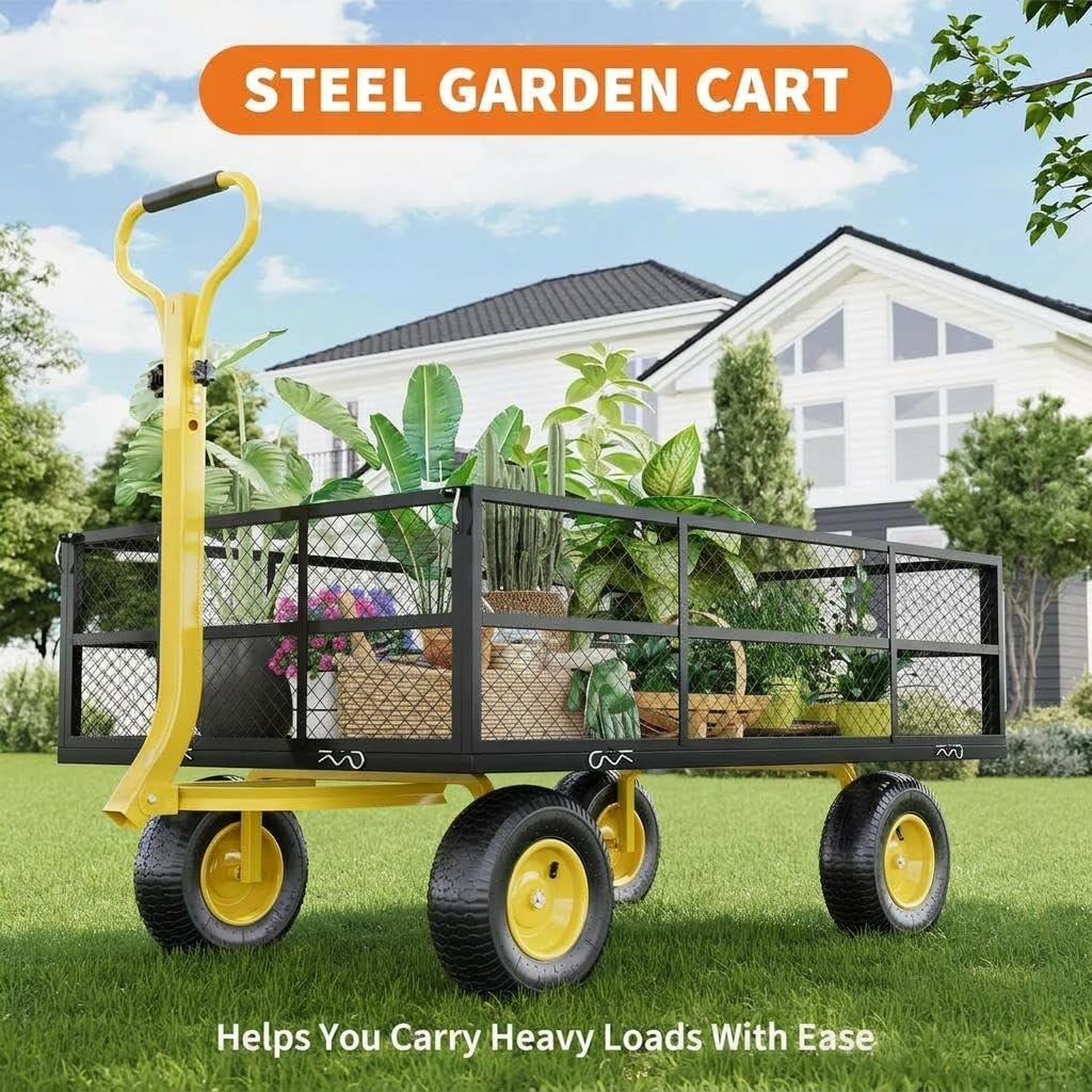 Heavy Duty Steel Garden Cart, 1200 LBS Load Capacity Wagon with 10 inch Tire and Rotating Handle, Black R105