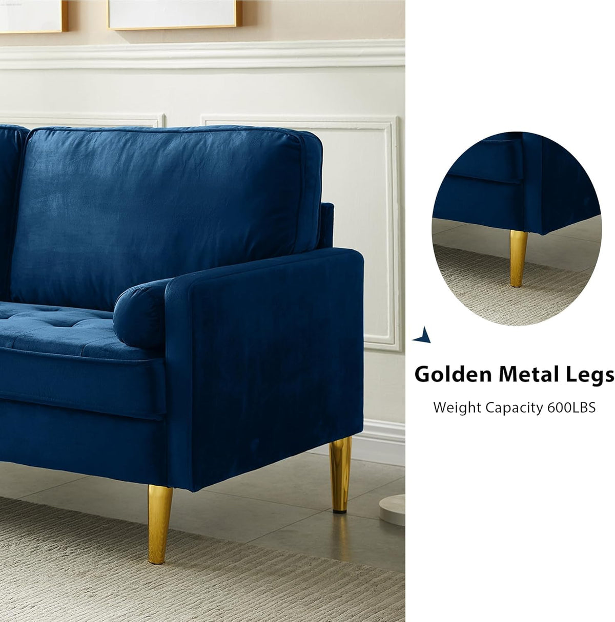 Navy Velvet Loveseat Sofa with 2 Pillows U7695