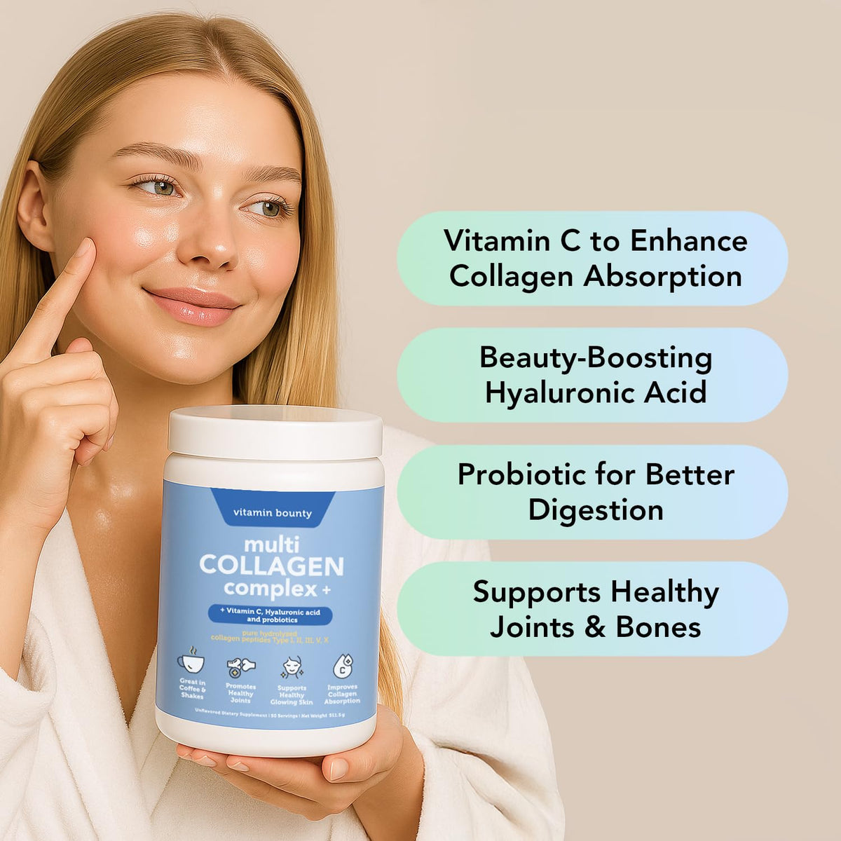 Multi Collagen Peptides Powder with Probiotics, Vitamin C & Hyaluronic Acid, 50 Servings R526