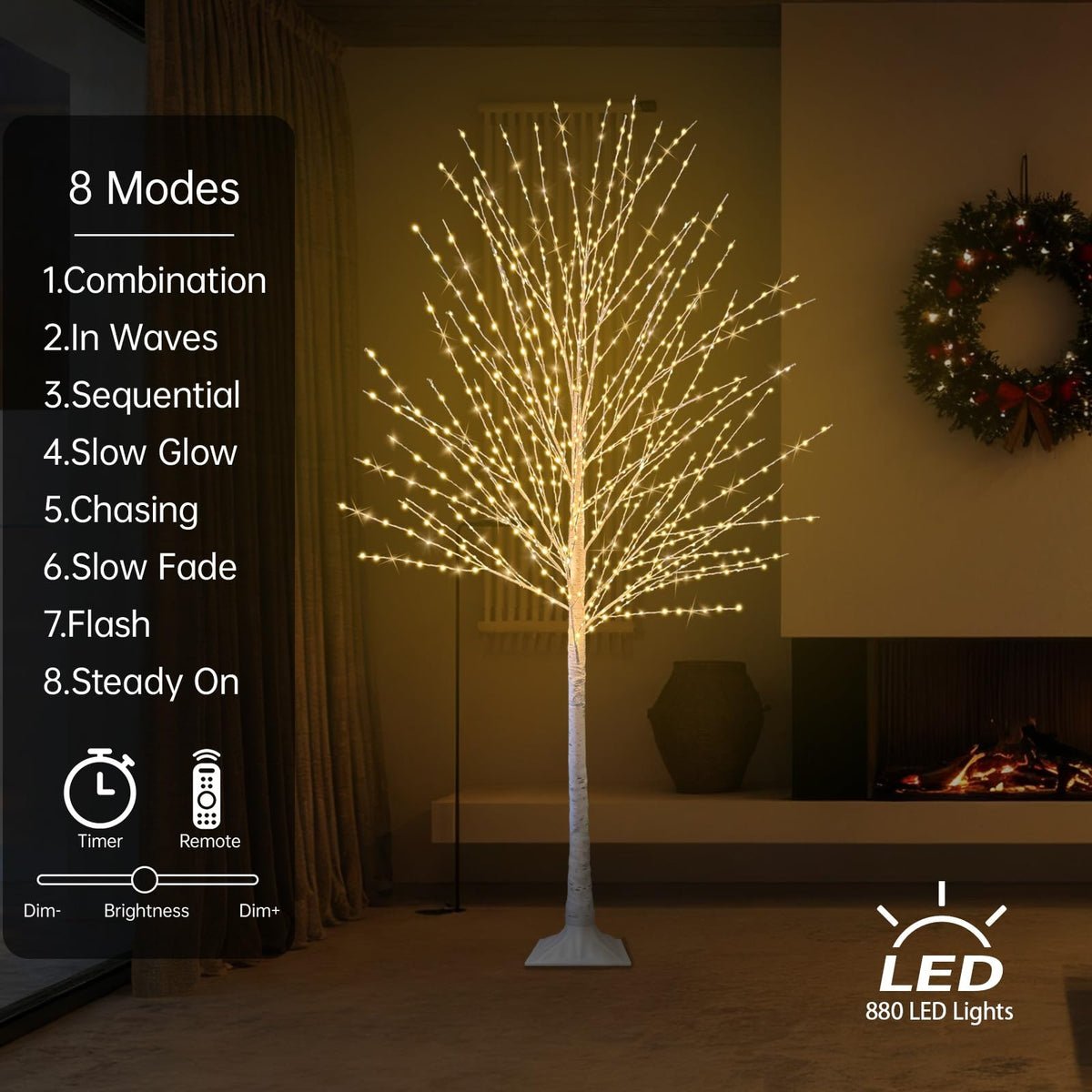 6FT Lighted Birch Tree with 880 LED Warm White Lights Q292