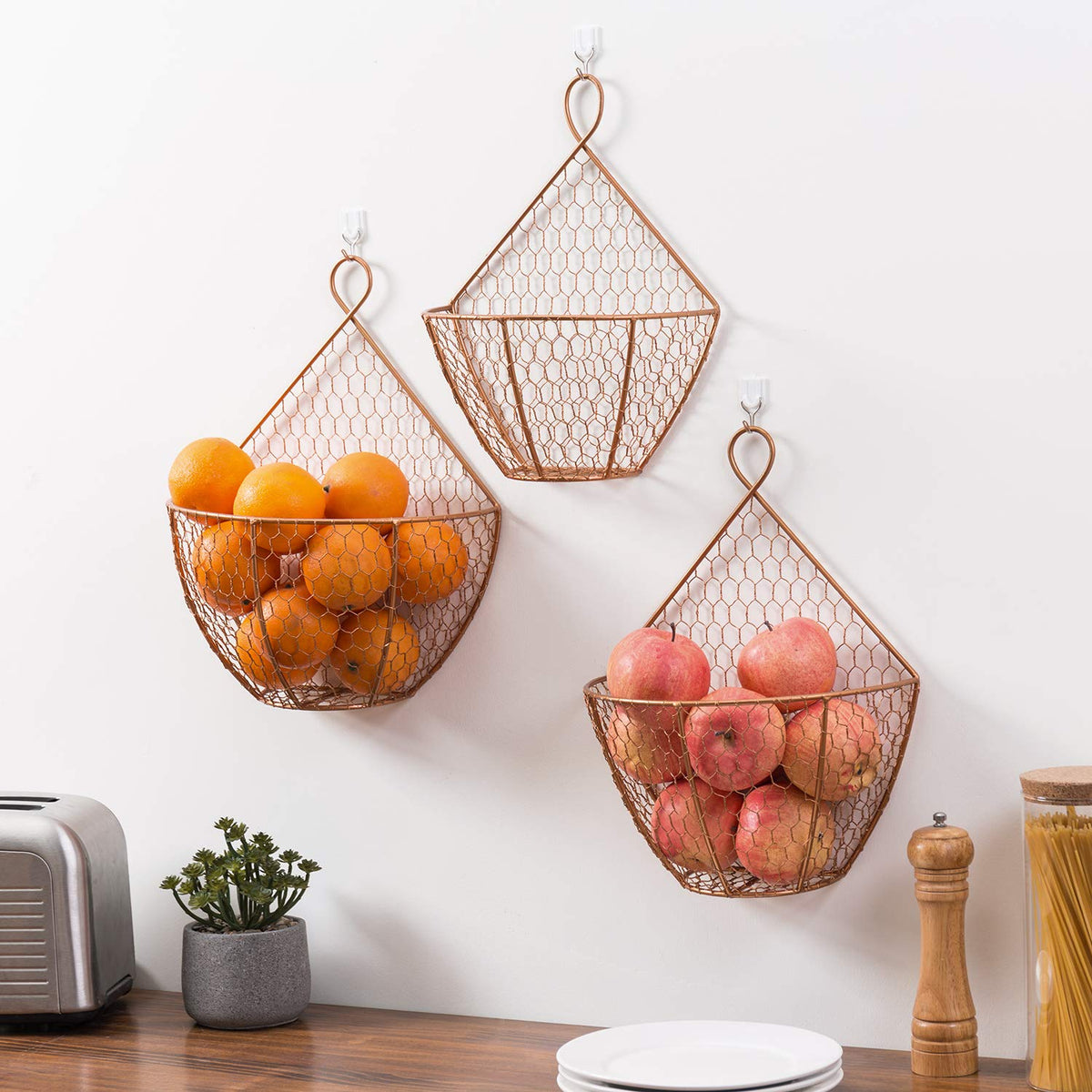 Set of 3 Copper Metal Wire Mesh Wall Hanging Baskets S80362