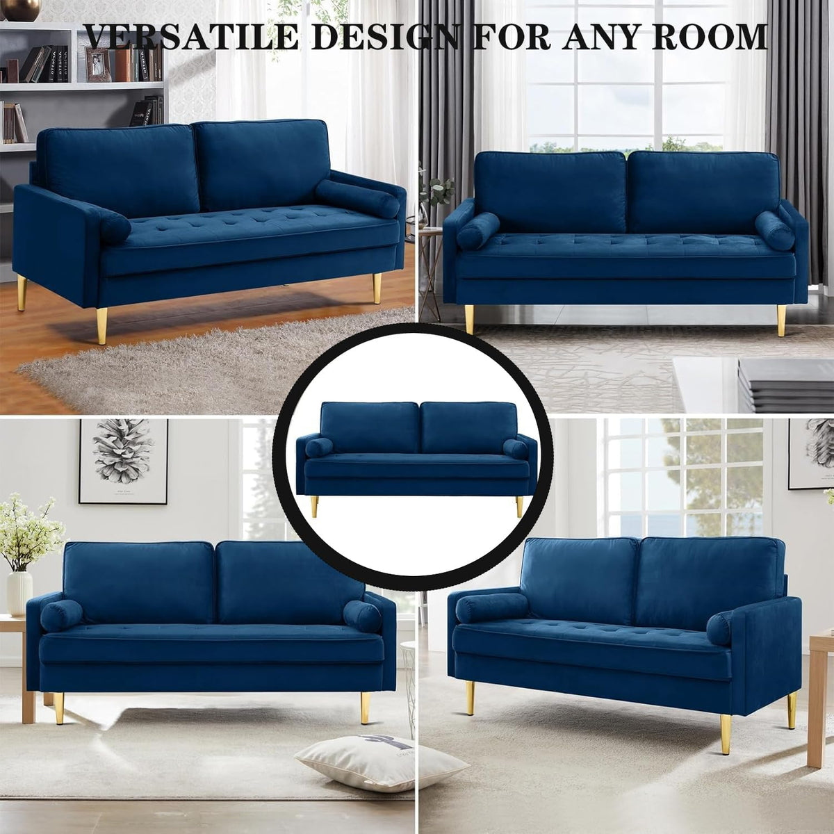 Navy Velvet Loveseat Sofa with 2 Pillows U7695