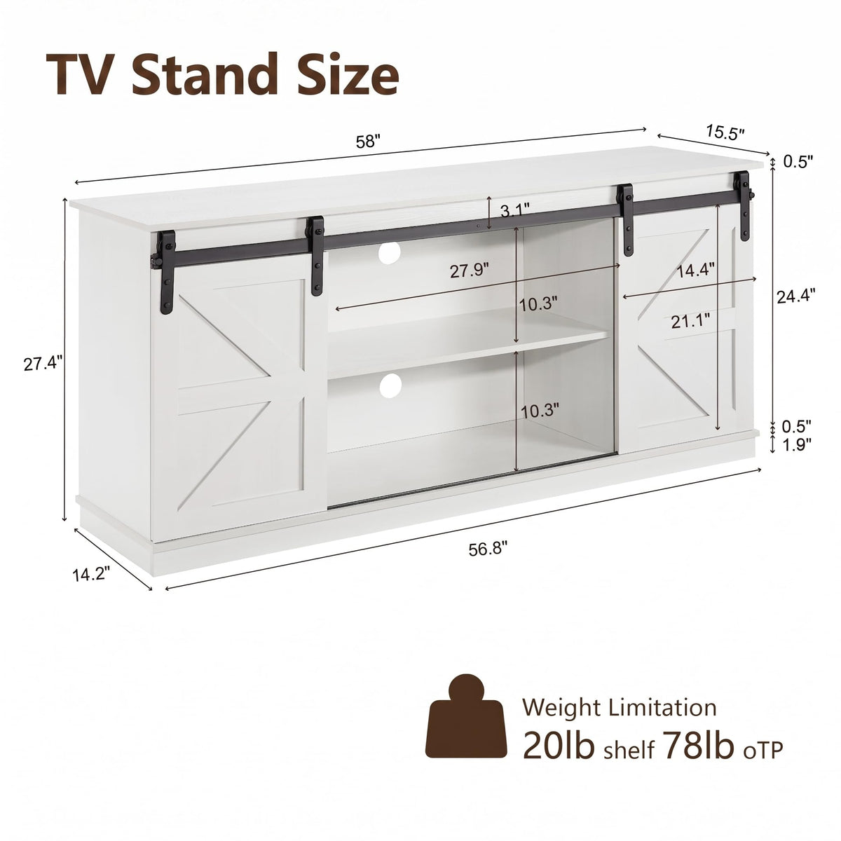 White 58'' TV Stand with Sliding Barn Doors V6011