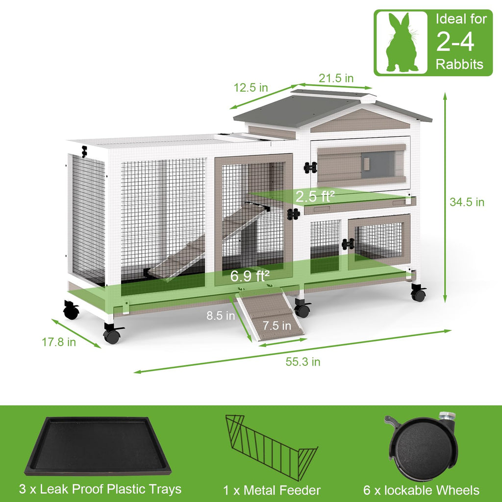 2 Story Wooden Rabbit Hutch with 6 Lockable Wheels K55994