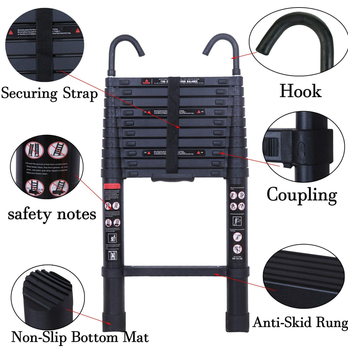 Black 20.3FT Aluminum Telescoping Ladder 330lbs Capacity N303744