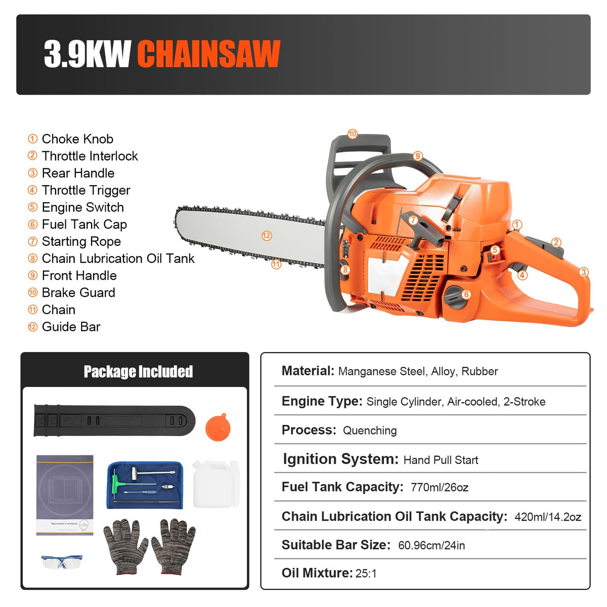 71.8CC 24inch 2-Stroke Gas Chainsaw F7623