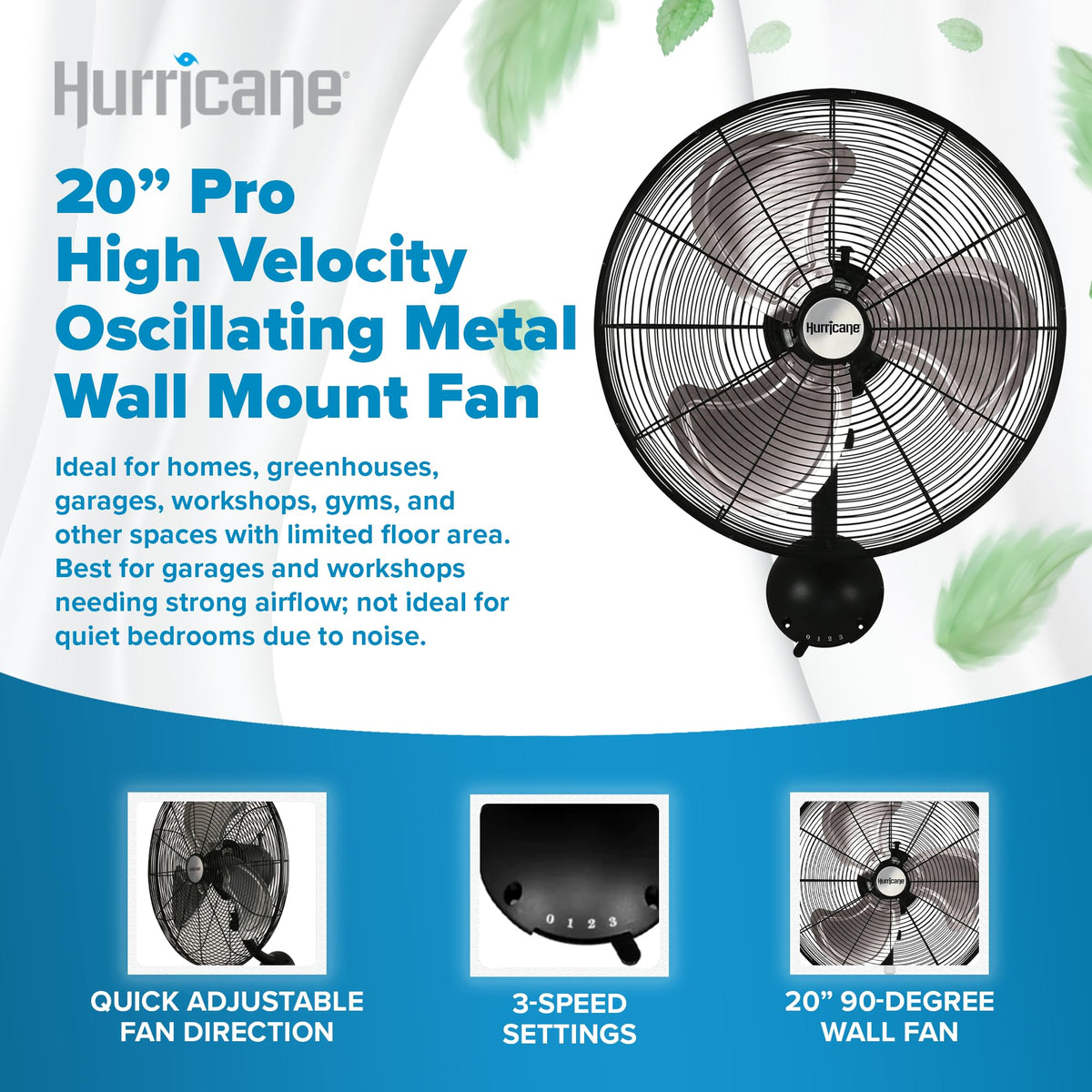 Black 20in 3 Speed Oscillating Wall Fan E17886