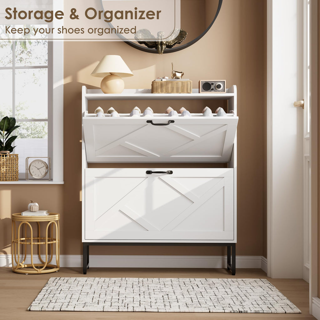 White 2 Flip Drawer Shoe Storage Cabinet F613
