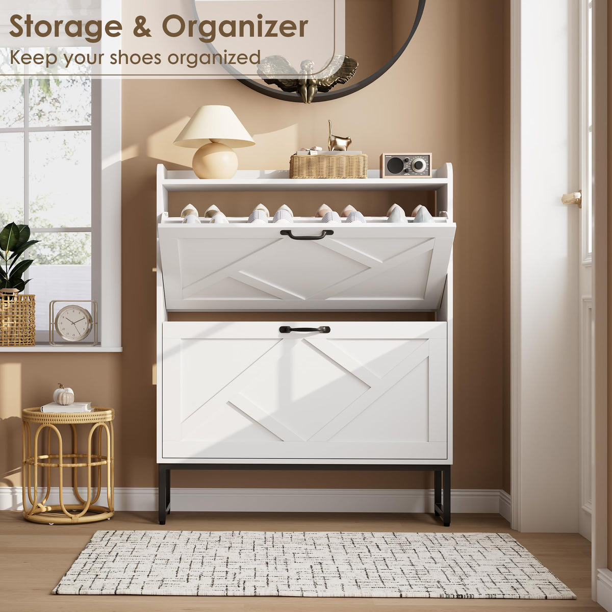 White 2 Flip Drawer Shoe Storage Cabinet F613