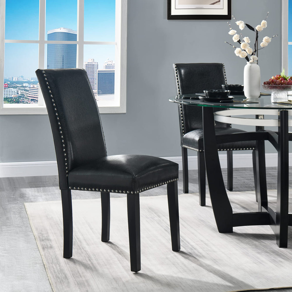 Set of 4 PU Leather Upholstered Dining Chairs with Solid Wood Legs I60428