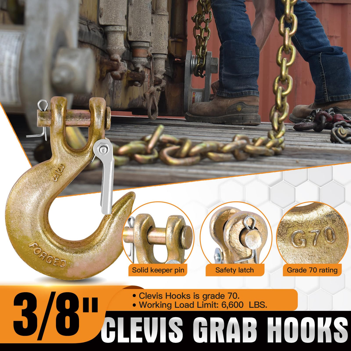 2 Pack 3/8" G70 Clevis Slip Hooks with Safety Latch U623906