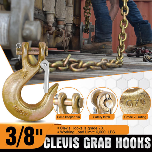 2 Pack 3/8" G70 Clevis Slip Hooks with Safety Latch U623906