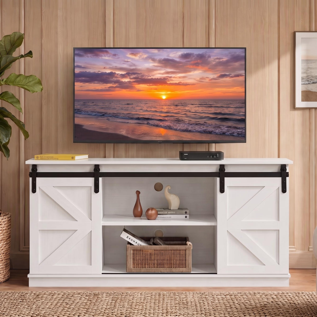 White 58'' TV Stand with Sliding Barn Doors V6011