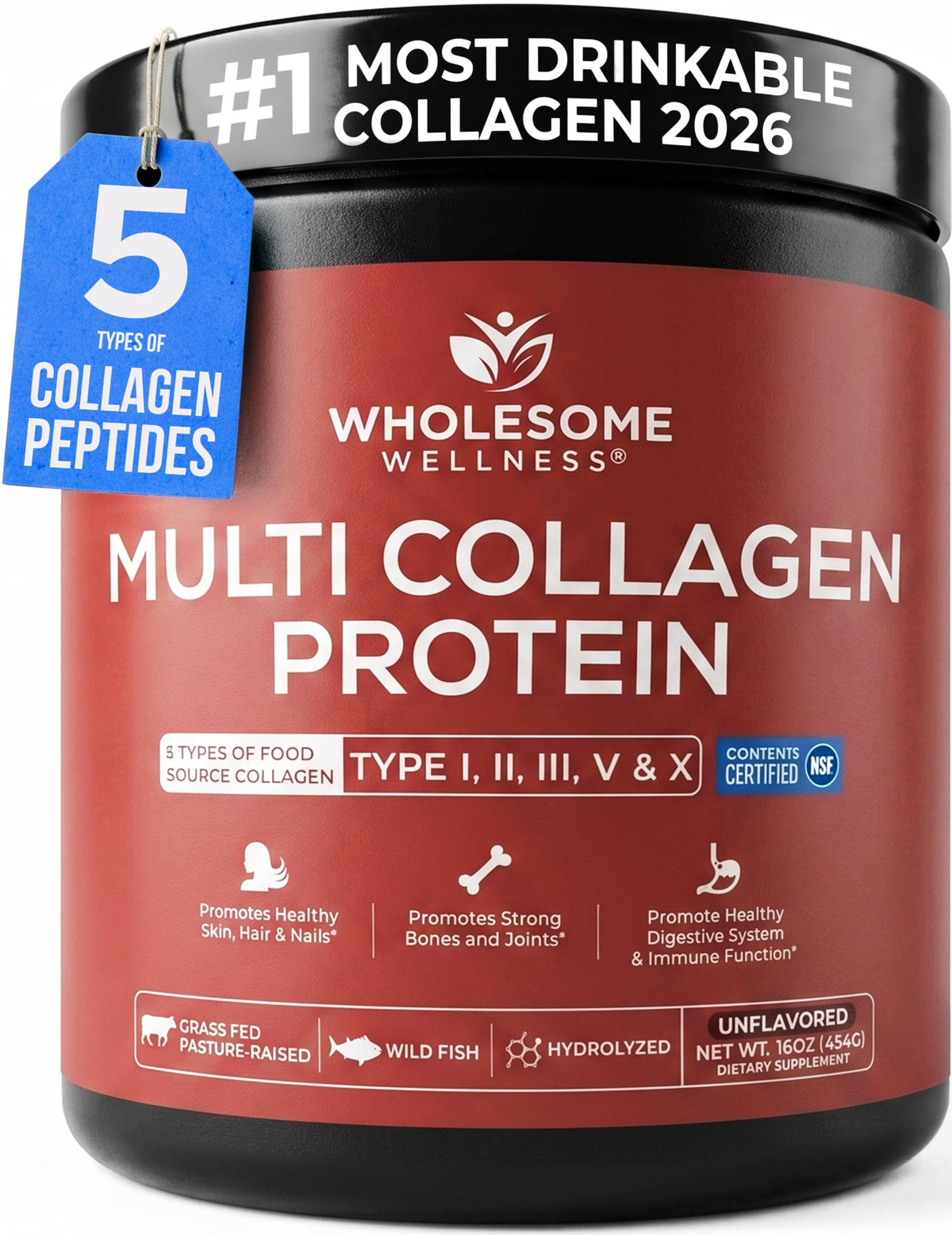 Multi Collagen Peptides Protein Powder, 5 Types Hydrolyzed, Grass-Fed, Non-GMO, Unflavored L7807
