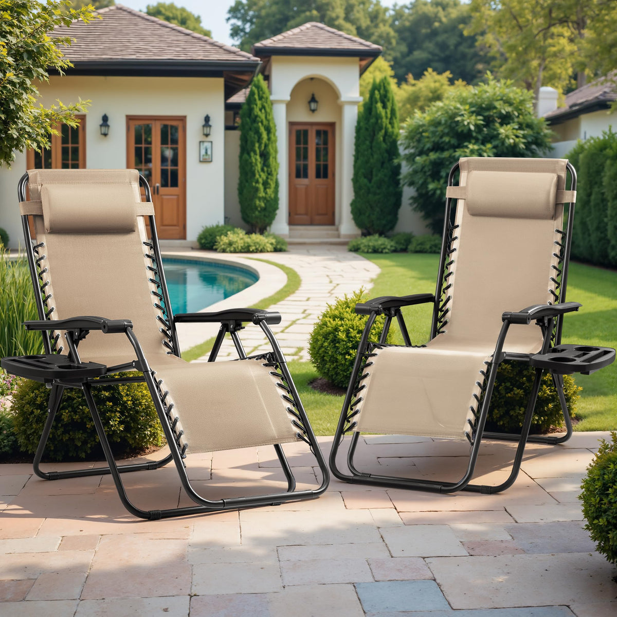 Set of 2 Beige Adjustable Steel Mesh Lounge Chairs with Cup Holder P903