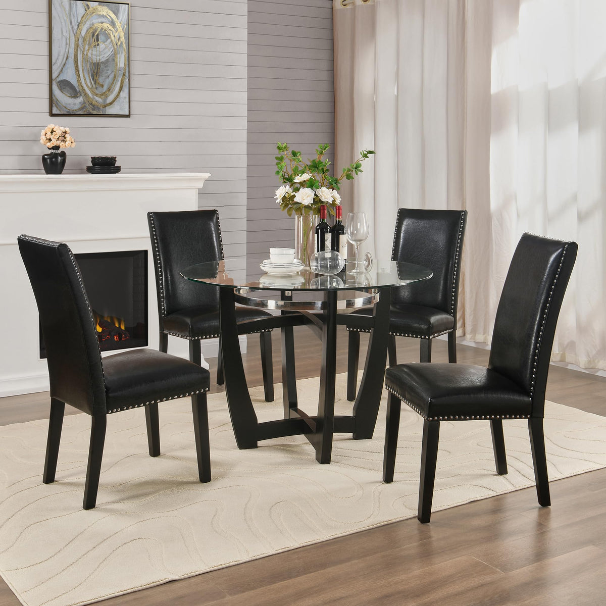 Set of 4 PU Leather Upholstered Dining Chairs with Solid Wood Legs I60428