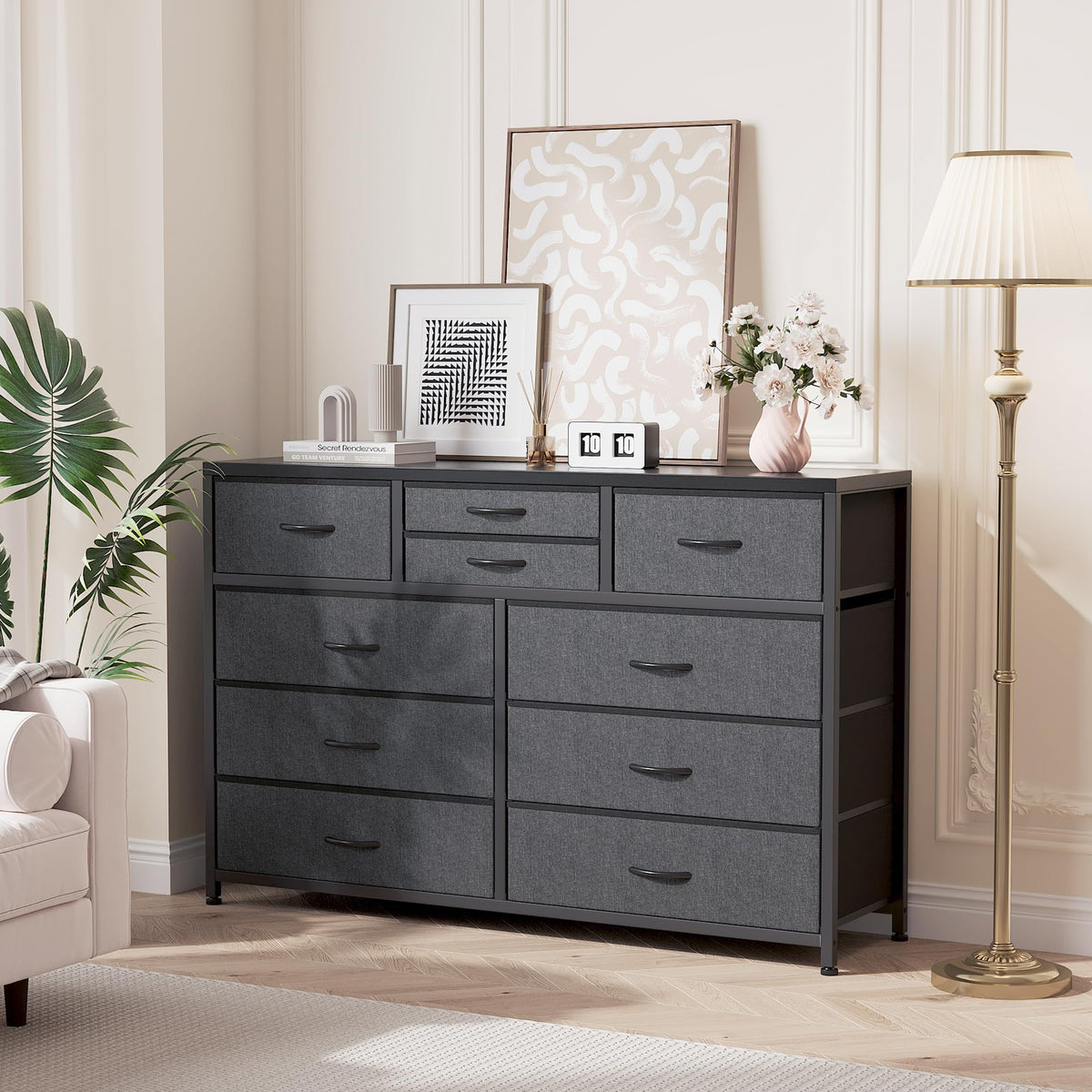 10 Drawer Fabric Dresser with Wood Top Z891