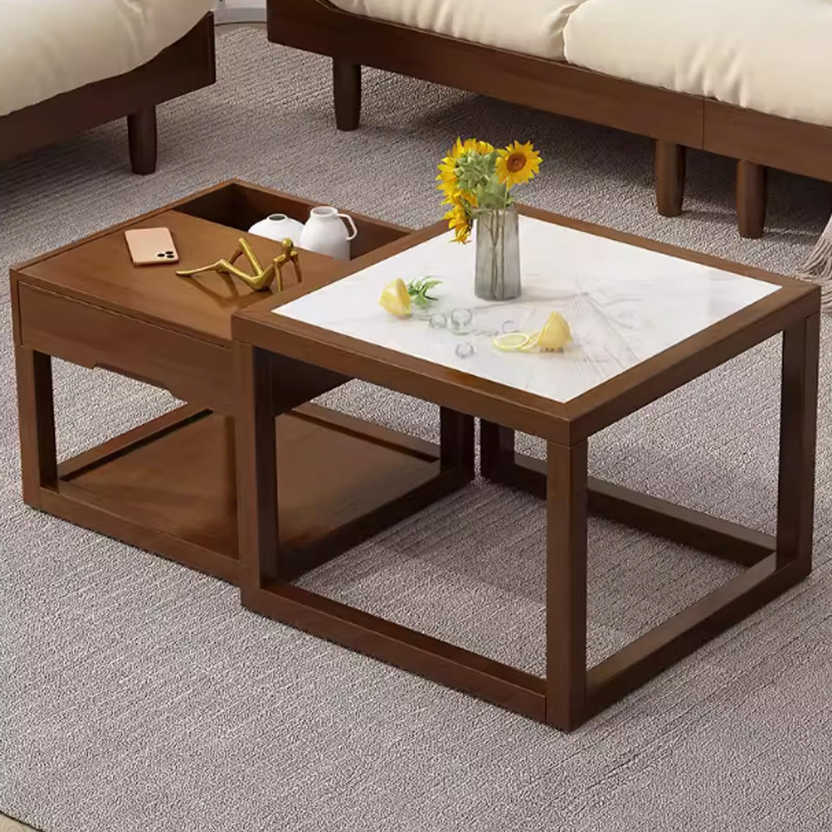 Square Two-Piece Coffee Table Set with Hidden Drawer Storage F7247