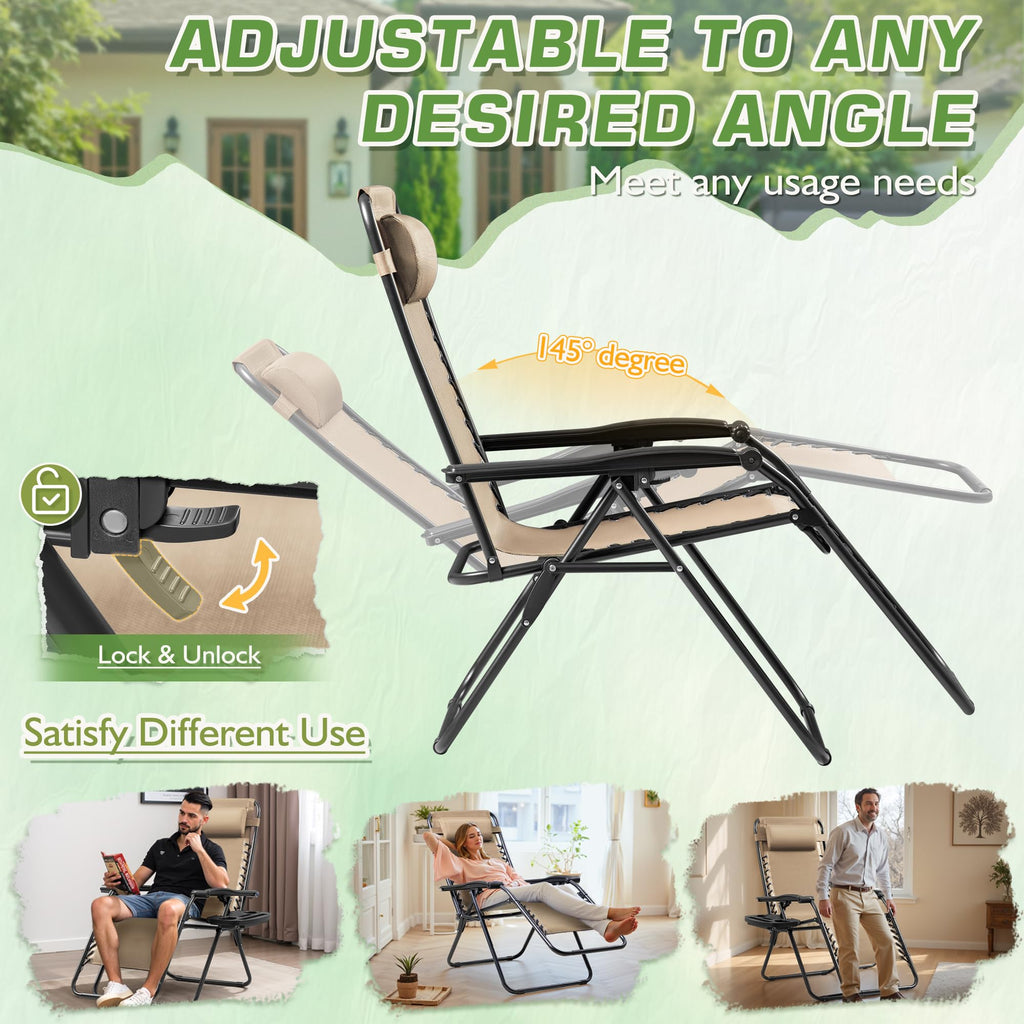 Set of 2 Beige Adjustable Steel Mesh Lounge Chairs with Cup Holder P903