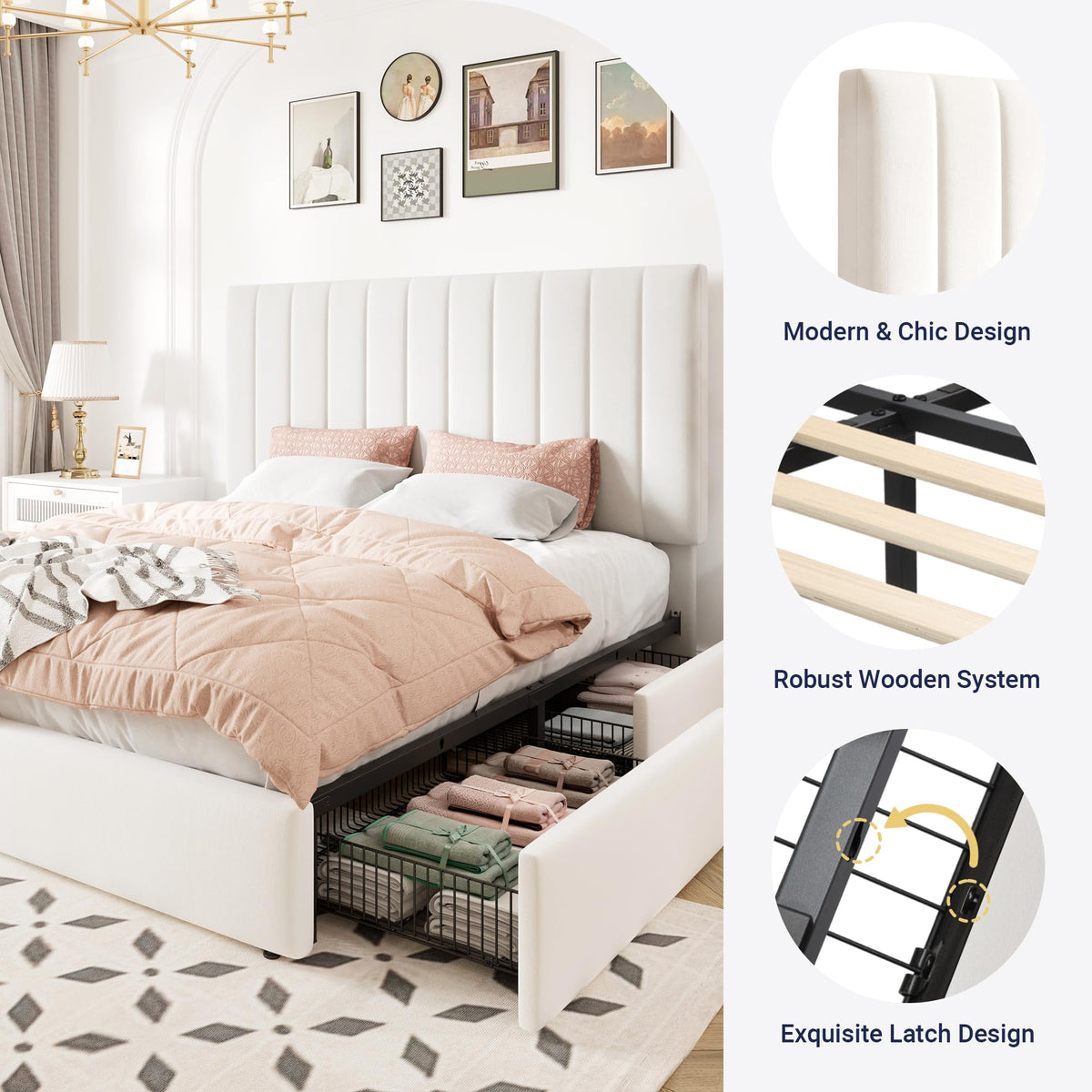 White Velvet Queen Size Storage Bed Frame with 4 Underbed Drawers C170920