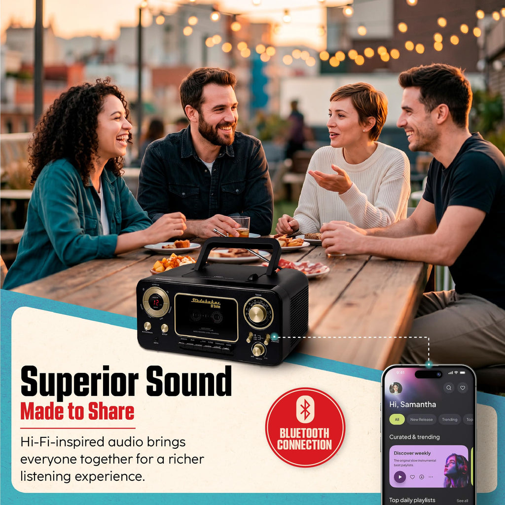 Portable CD Player with Bluetooth, AM/FM Stereo Radio & Cassette Player, Black & Gold I37377