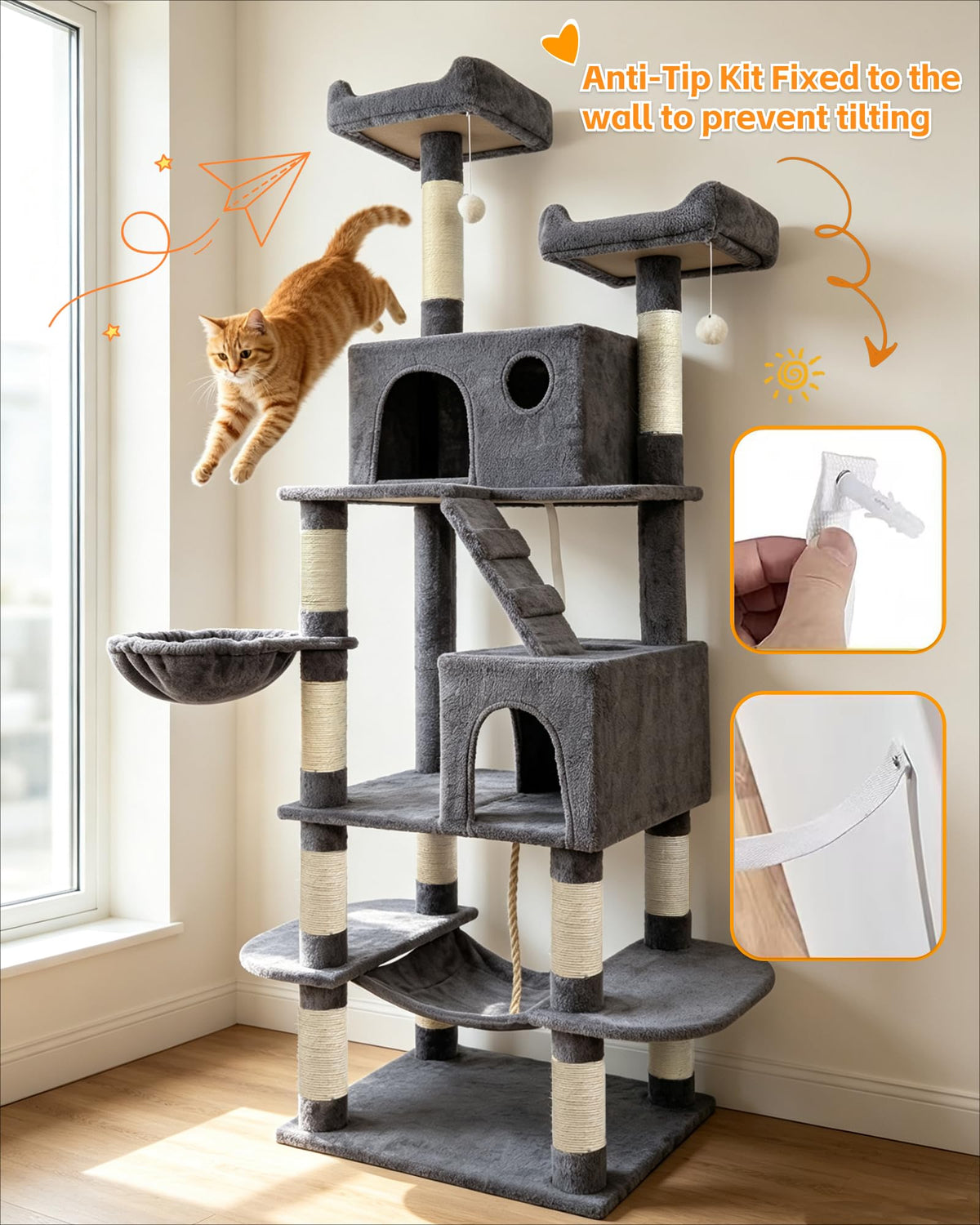 70" Cat Tree with 2 Condos and Wide Perches, Gray Y997247