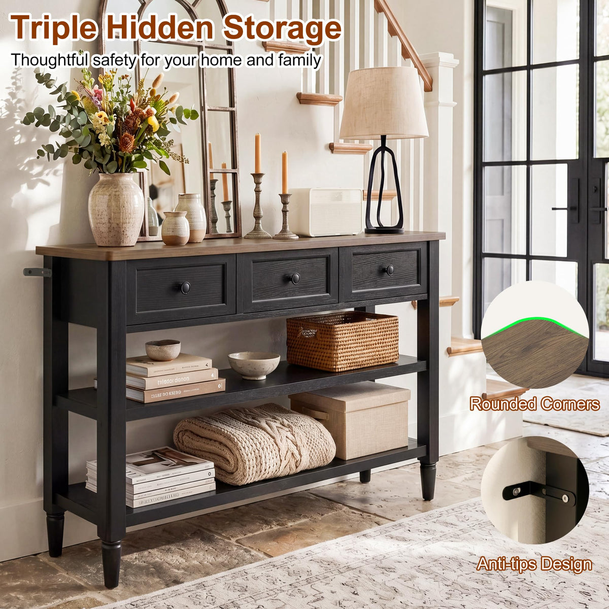 43" Narrow Console Table with 3 Drawers and 2 Shelves J40031