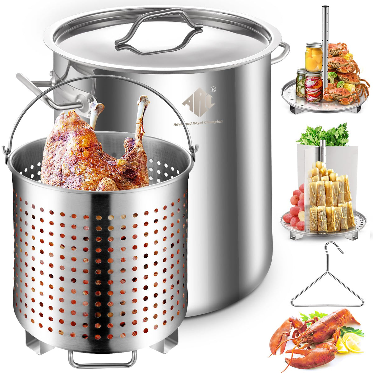 40QT Stainless Steel Stockpot with Basket and Steamer Rack G864832