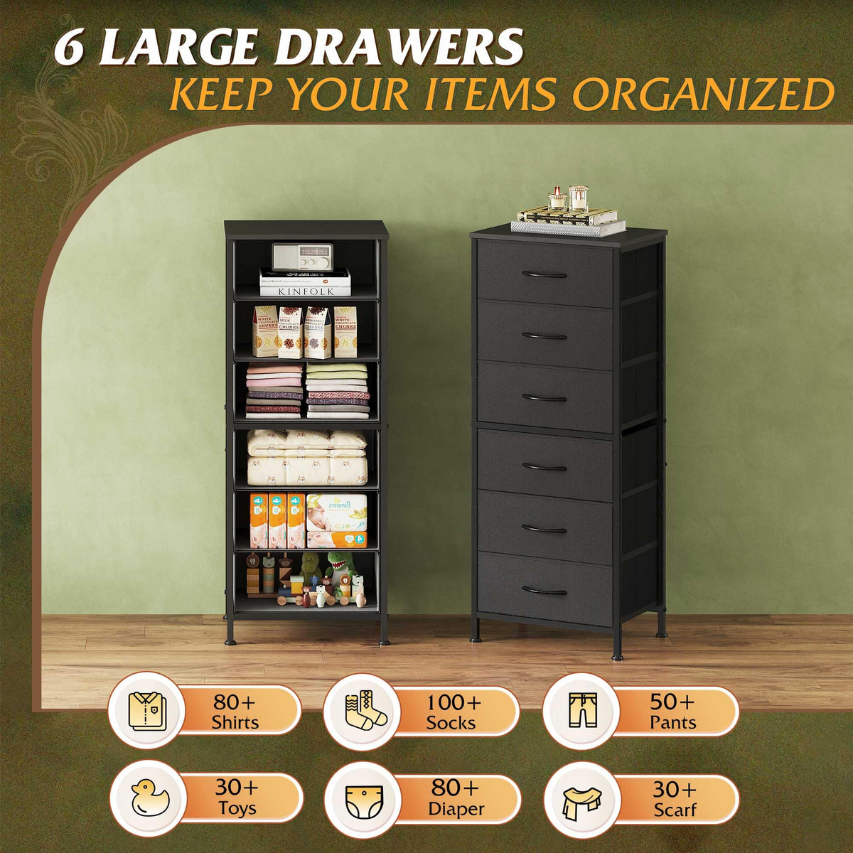 Black 6 Drawer Tall Dresser A86300