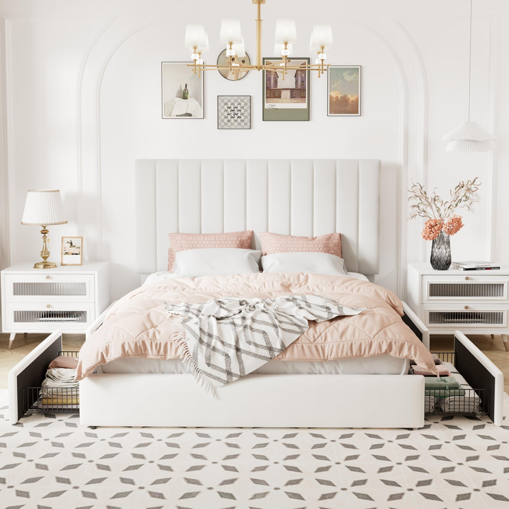 White Velvet Queen Size Storage Bed Frame with 4 Underbed Drawers C170920