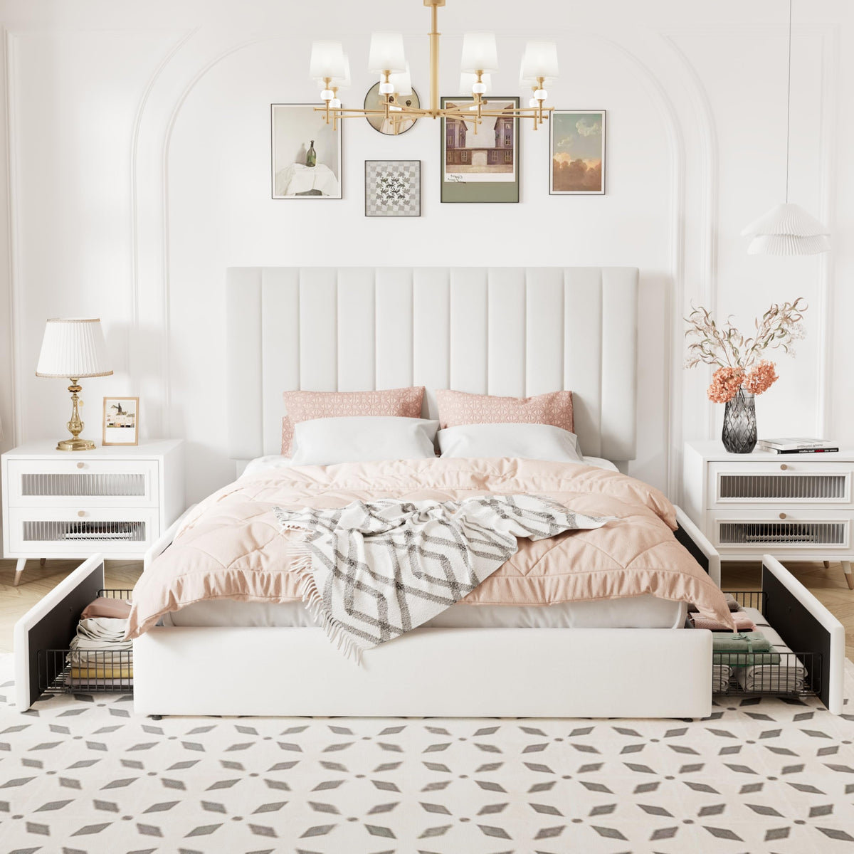 White Velvet Queen Size Storage Bed Frame with 4 Underbed Drawers C170920