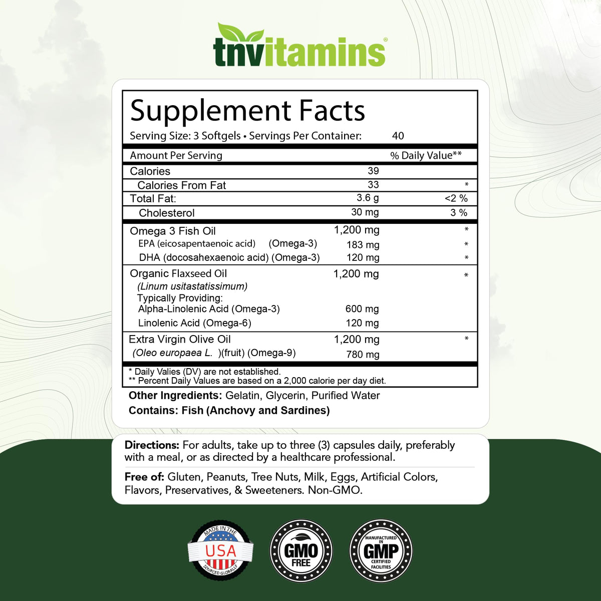 3600mg Omega 3 6 9 Softgels Fish Oil Flaxseed Olive Oil Z894131