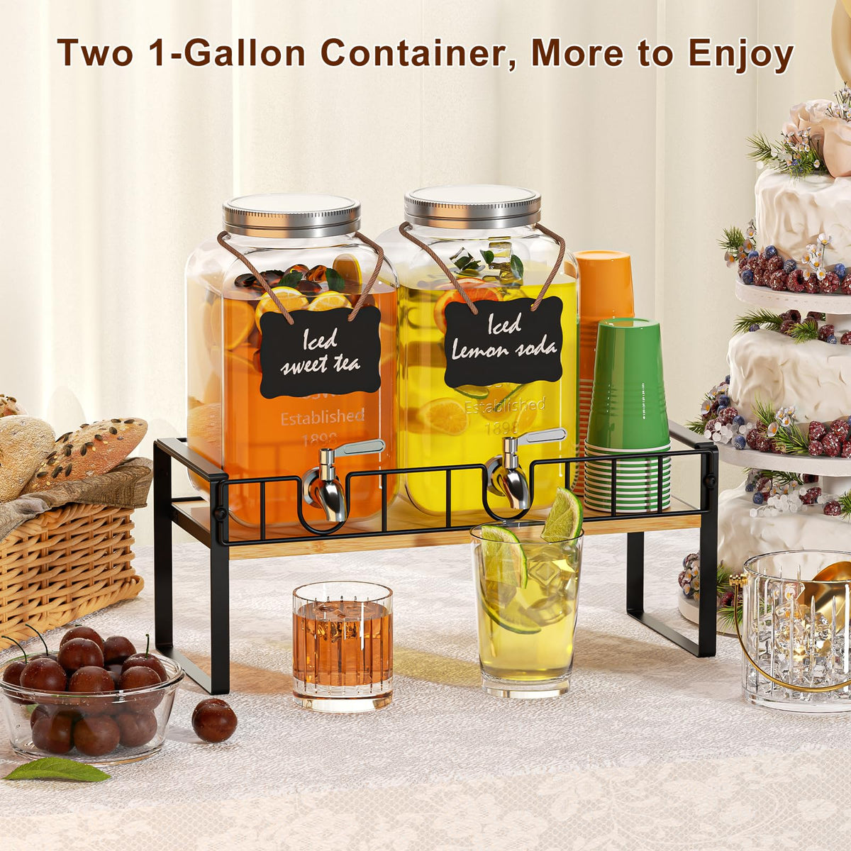 2 Pack 1 Gallon Glass Beverage Dispenser with Spigot and Ice Core F85579