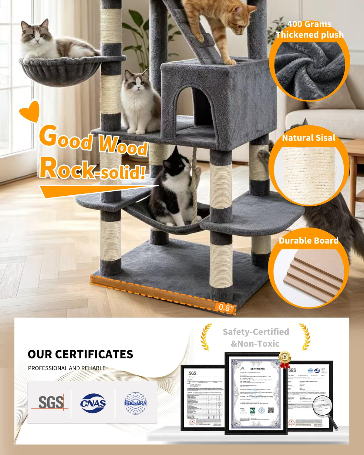 70" Cat Tree with 2 Condos and Wide Perches, Gray Y997247