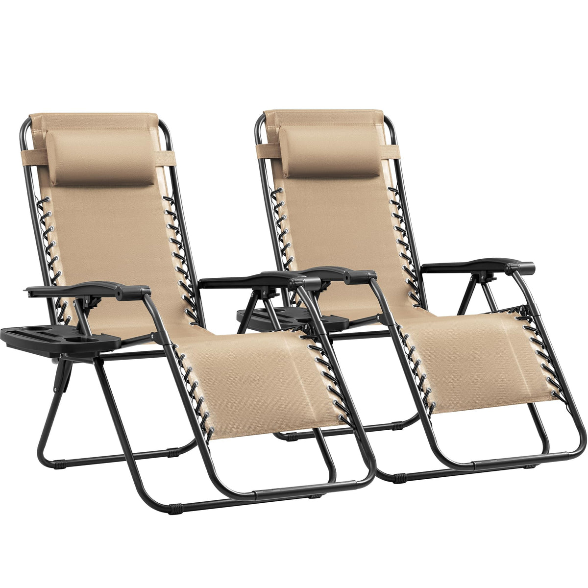 Set of 2 Beige Adjustable Steel Mesh Lounge Chairs with Cup Holder P903