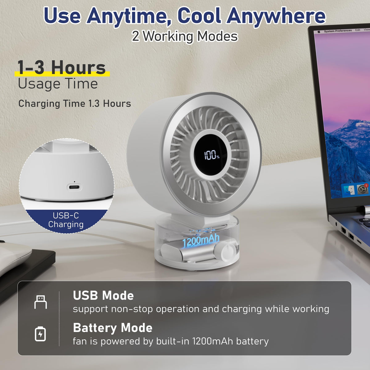 White Rechargeable Desk Fan with 1200mAh Battery O2008