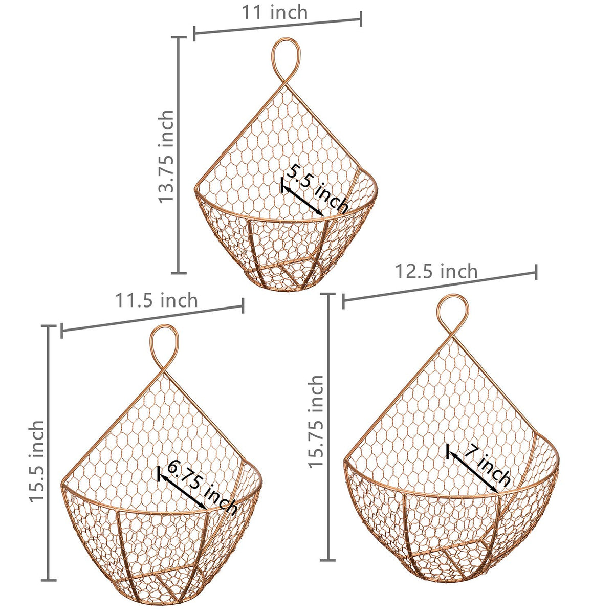 Set of 3 Copper Metal Wire Mesh Wall Hanging Baskets S80362
