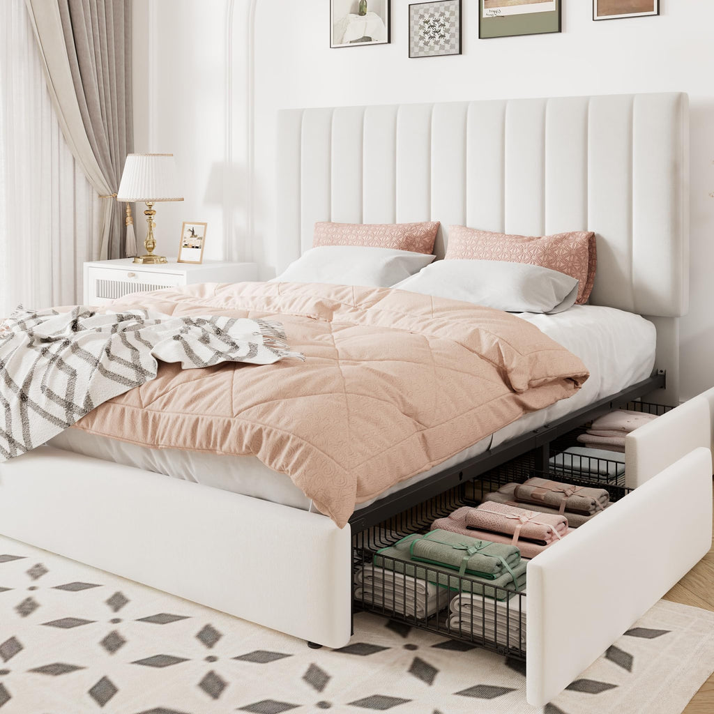 White Velvet Queen Size Storage Bed Frame with 4 Underbed Drawers C170920