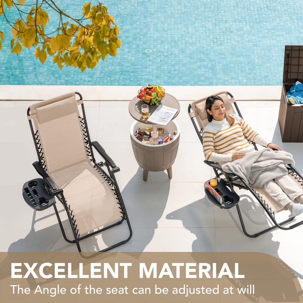 Set of 2 Beige Adjustable Steel Mesh Lounge Chairs with Cup Holder P903