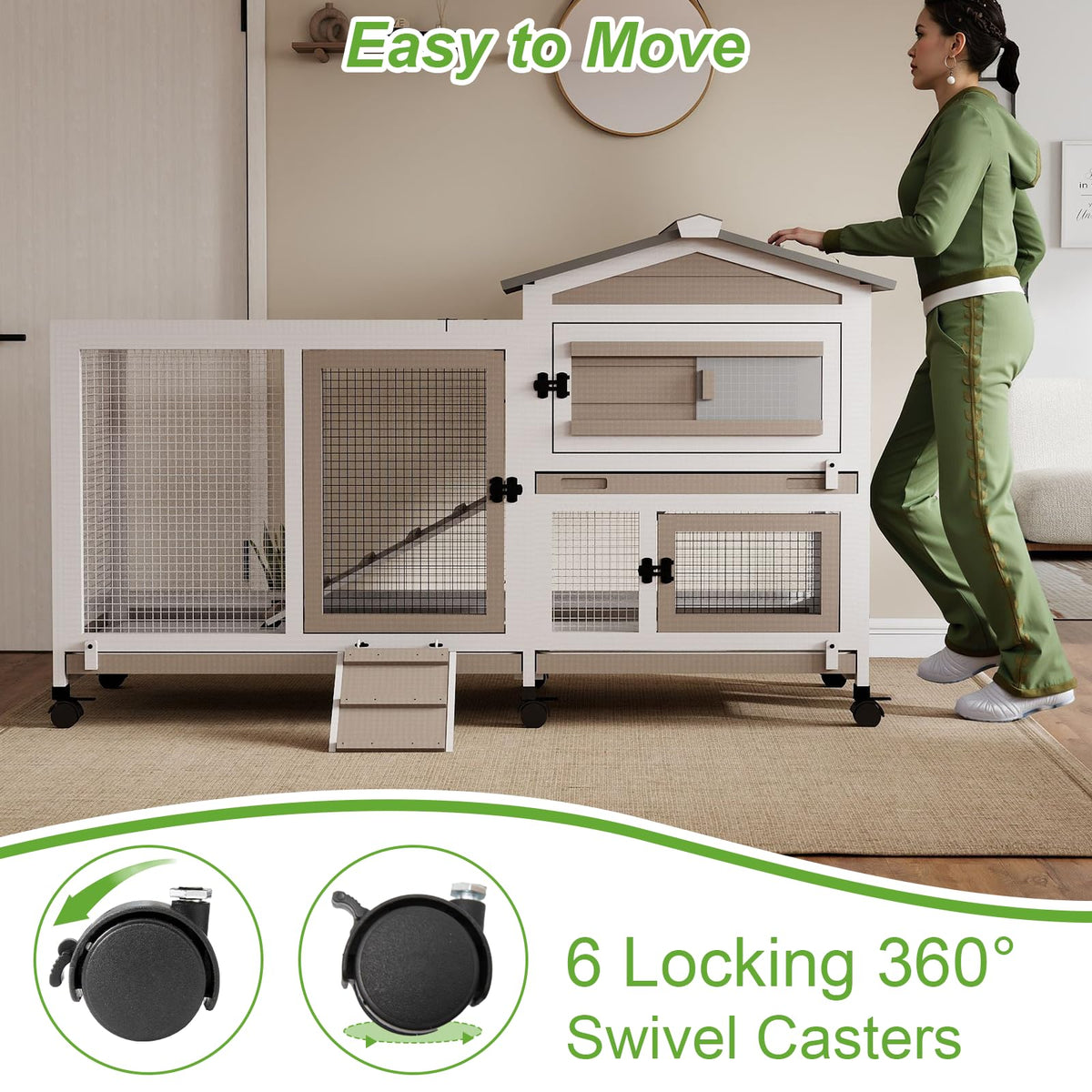 2 Story Wooden Rabbit Hutch with 6 Lockable Wheels K55994