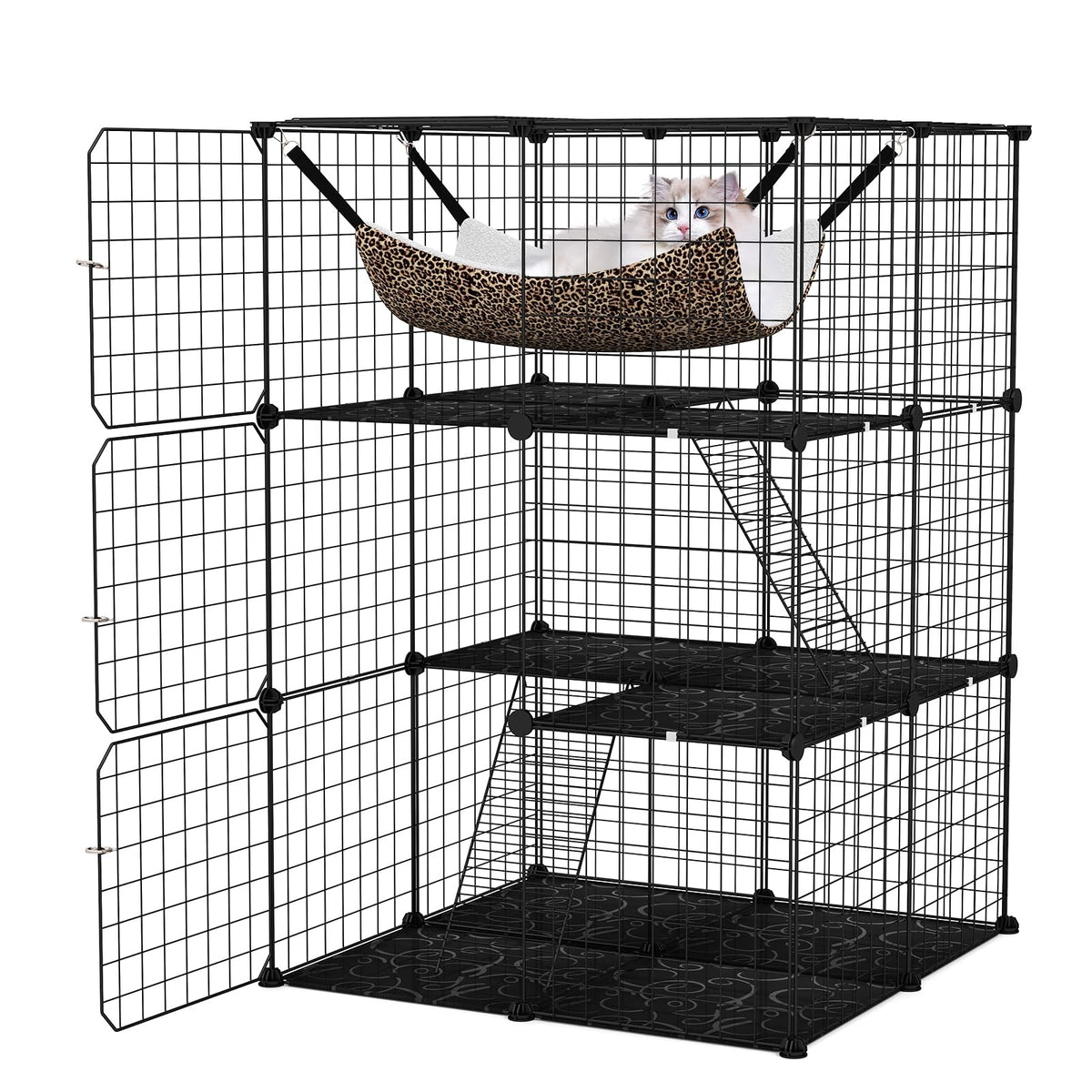 Black 4-Tier Metal Cat Cage with Hammock B655824