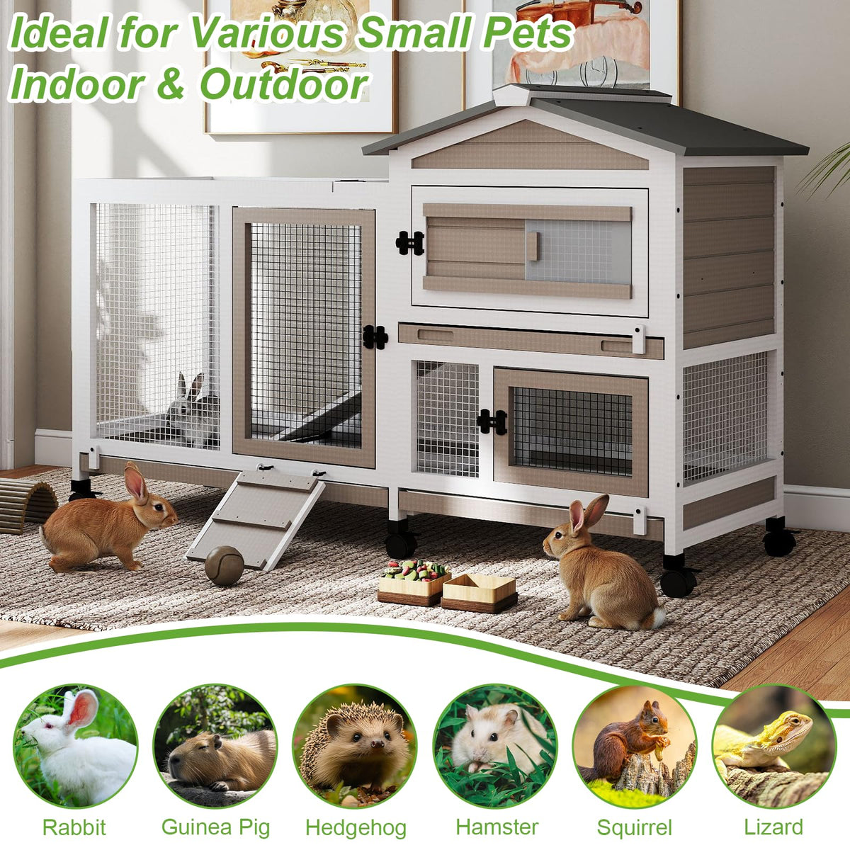 2 Story Wooden Rabbit Hutch with 6 Lockable Wheels K55994