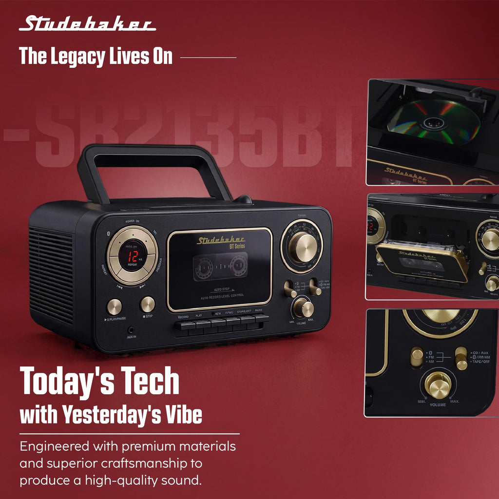 Portable CD Player with Bluetooth, AM/FM Stereo Radio & Cassette Player, Black & Gold I37377