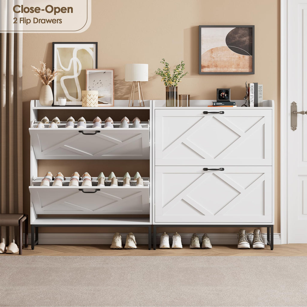 White 2 Flip Drawer Shoe Storage Cabinet F613