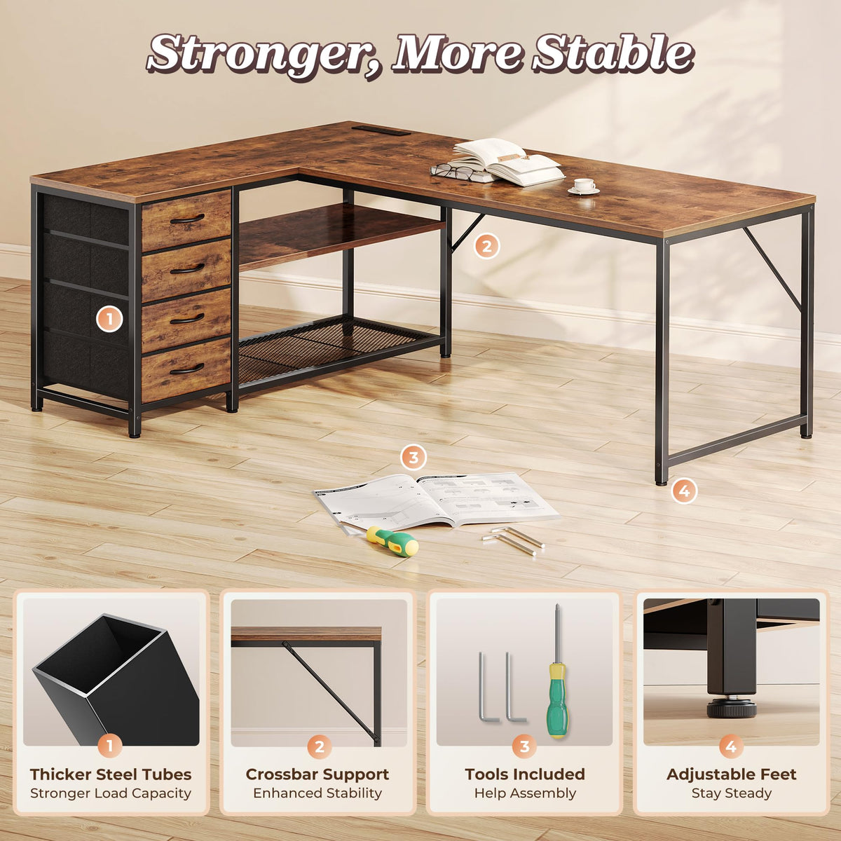 61" L Shaped Desk with Power Outlets & 4 Drawers V575347