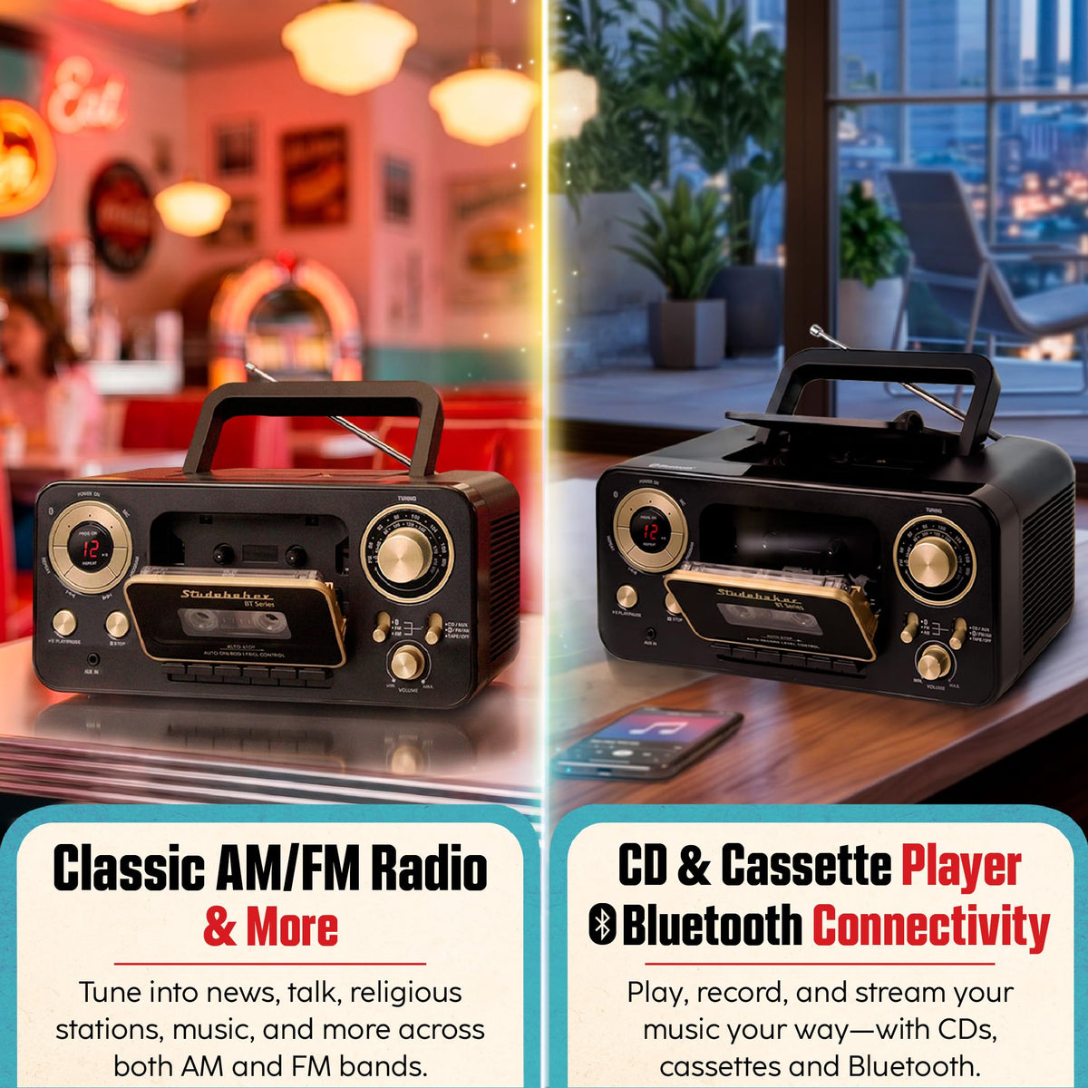 Portable CD Player with Bluetooth, AM/FM Stereo Radio & Cassette Player, Black & Gold I37377